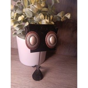 Oval 1.5" Long Pierced Matte Copper and Gold Tone Tan Pearly Center Oval